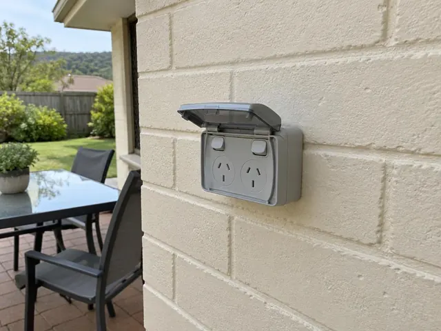 Outdoor double power point on a rendered brick wall beside a patio in Narara