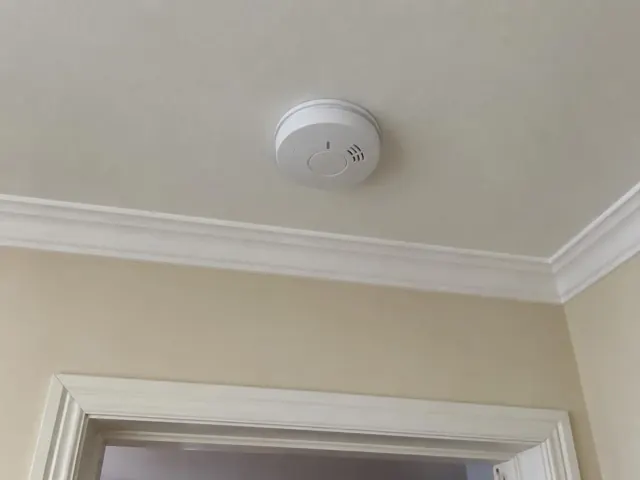 Ceiling smoke alarm in a painted hallway with decorative cornice in Ourimbah